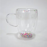 "Double-wall insulated glass coffee mug – heat-resistant, high-temperature safe, stylish dried flower design, elegant handle cup perfect for lattes, home, or office use."