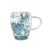 "Double-wall insulated glass coffee mug – heat-resistant, high-temperature safe, stylish dried flower design, elegant handle cup perfect for lattes, home, or office use."