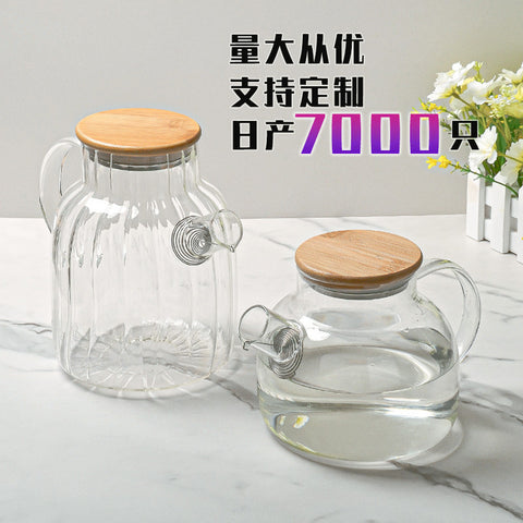 批发竹盖壶加厚高硼硅耐高温玻璃凉水壶家用高颜值新中式花茶壶