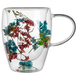 "Double-wall insulated glass coffee mug – heat-resistant, high-temperature safe, stylish dried flower design, elegant handle cup perfect for lattes, home, or office use."