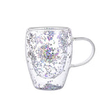 "Double-wall insulated glass coffee mug – heat-resistant, high-temperature safe, stylish dried flower design, elegant handle cup perfect for lattes, home, or office use."
