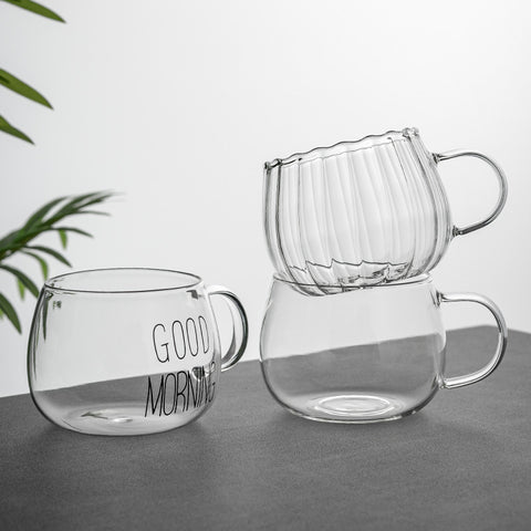 Borosilicate vertical petal glass cup with handle home milk oatmeal tea cup office tea coffee drinking cups