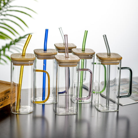 High borosilicate glass straw cup with lid colorful handle summer cold drink juice coke glass graduation gift drinking glass